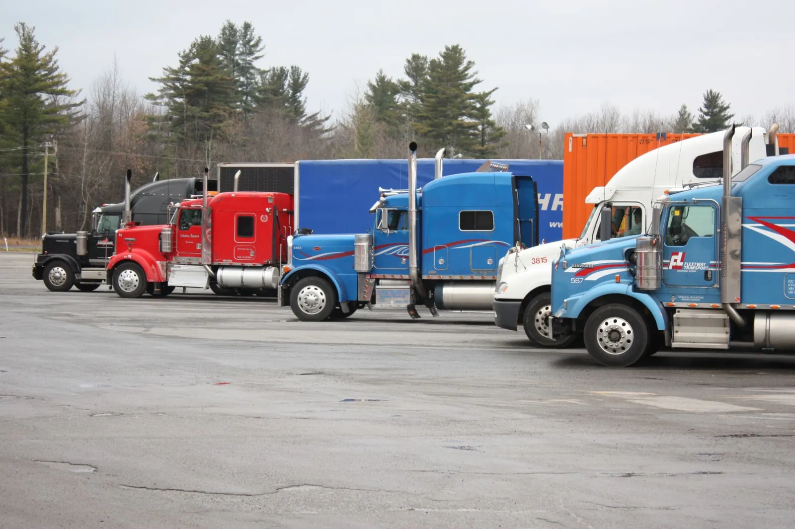 A line of trucks parked on a dealer lot.