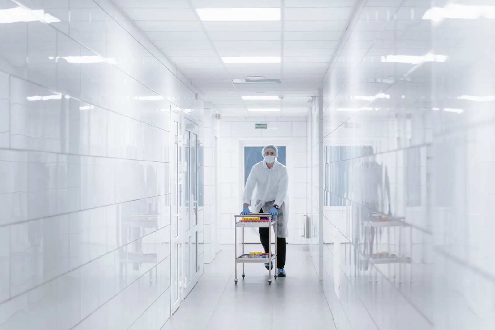 A bright white corridor inside a production facility.